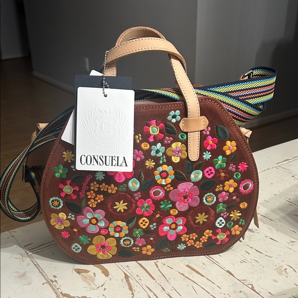 Consuela Handbags - Consuela Brown Suede Floral Embroidered Crossbody with Striped Strap